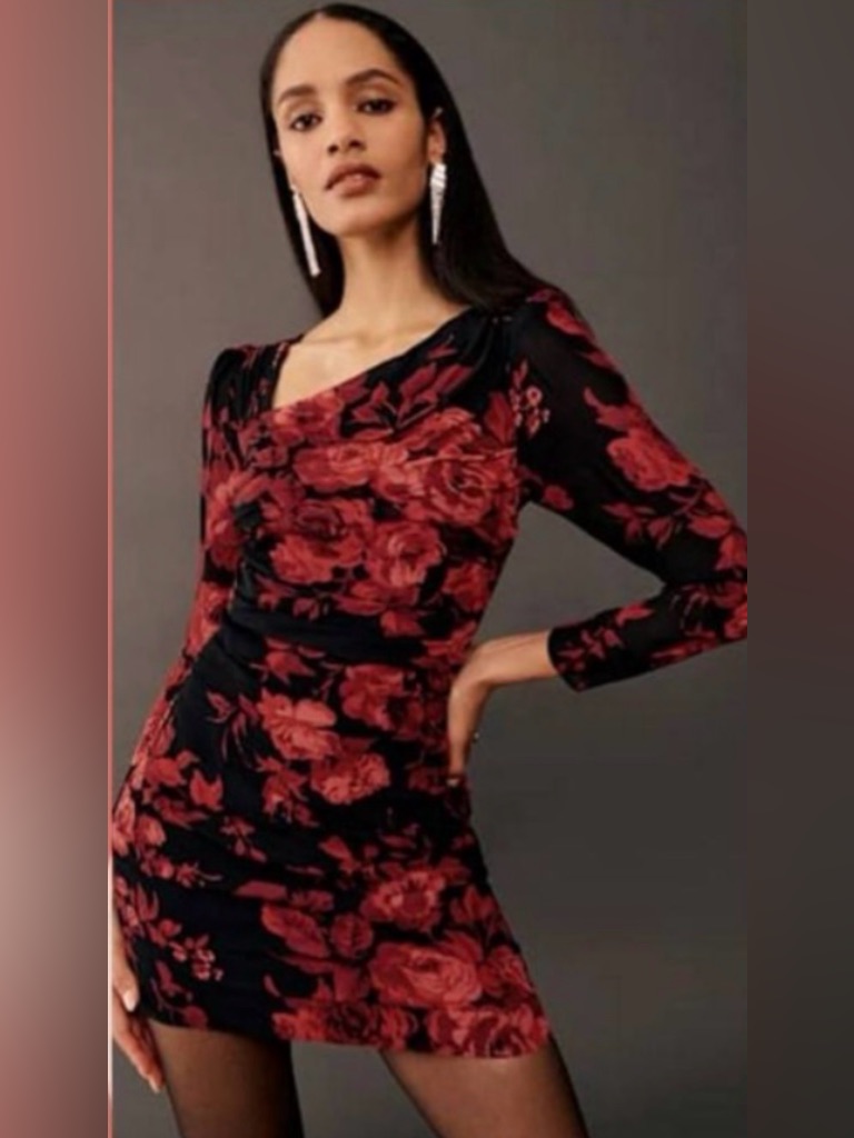 Reformation Lorene Asymmetrical Ruched Mini Dress Basilica Black Rose Nwt Sz 2